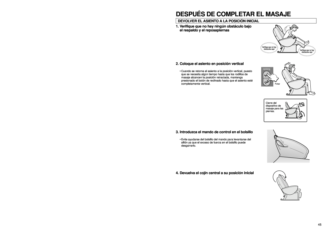 Panasonic EP1060 manual Despué S De Completar El Masaje, Devolver El Asiento A La Posició N Inicial 