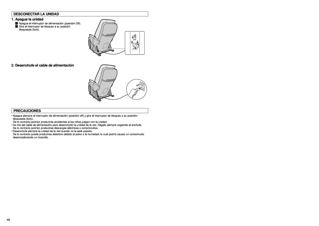 Panasonic EP1060 manual DESCONECTAR LA UNIDAD 1. Apague la unidad, Desenchufe el cable de alimentació n PRECAUCIONES 