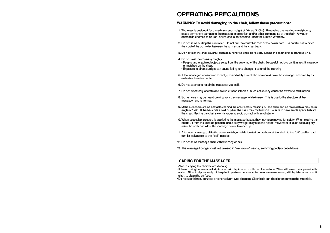 Panasonic EP1060 manual Operating Precautions, WARNING To avoid damaging to the chair, follow these precautions 