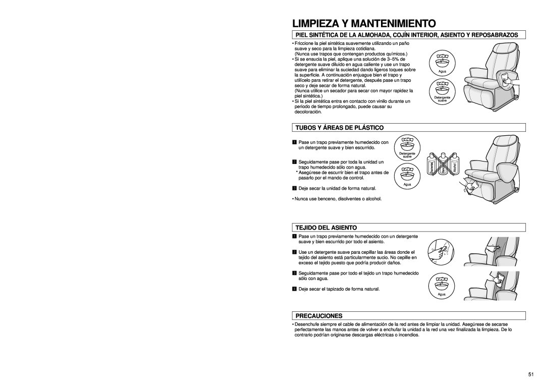 Panasonic EP1060 manual Limpieza Y Mantenimiento, Tubos Y Á Reas De Plá Stico, Tejido Del Asiento, Precauciones 