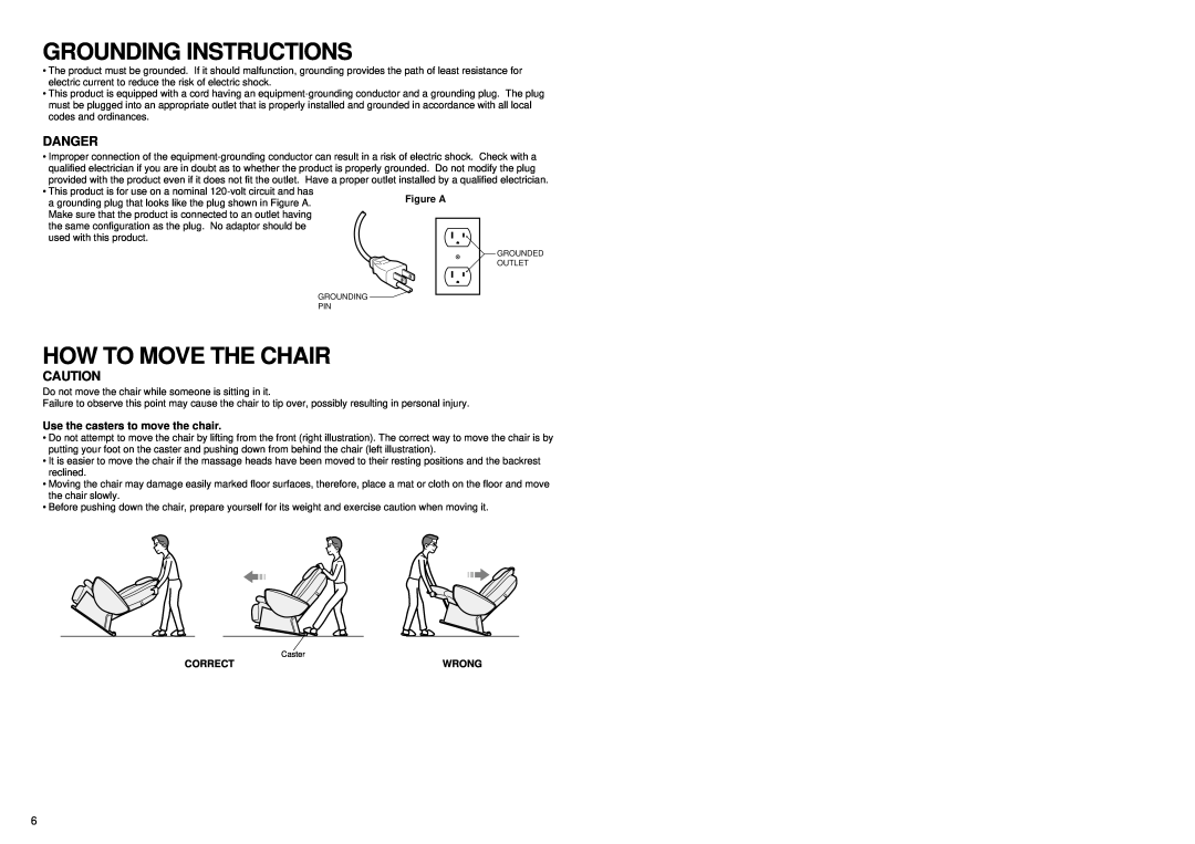 Panasonic EP1060 manual Grounding Instructions, How To Move The Chair, Danger, Use the casters to move the chair 