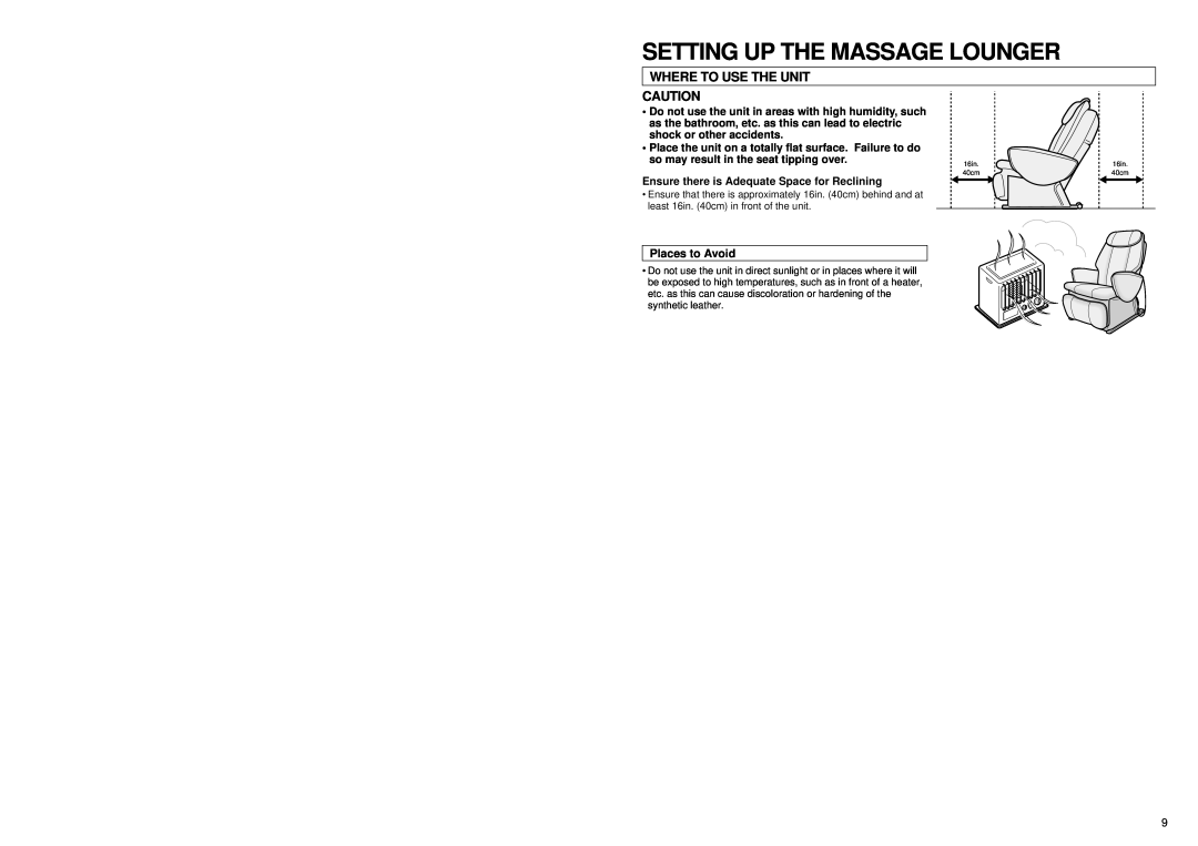 Panasonic EP1060 manual Setting Up The Massage Lounger, Where To Use The Unit, Ensure there is Adequate Space for Reclining 