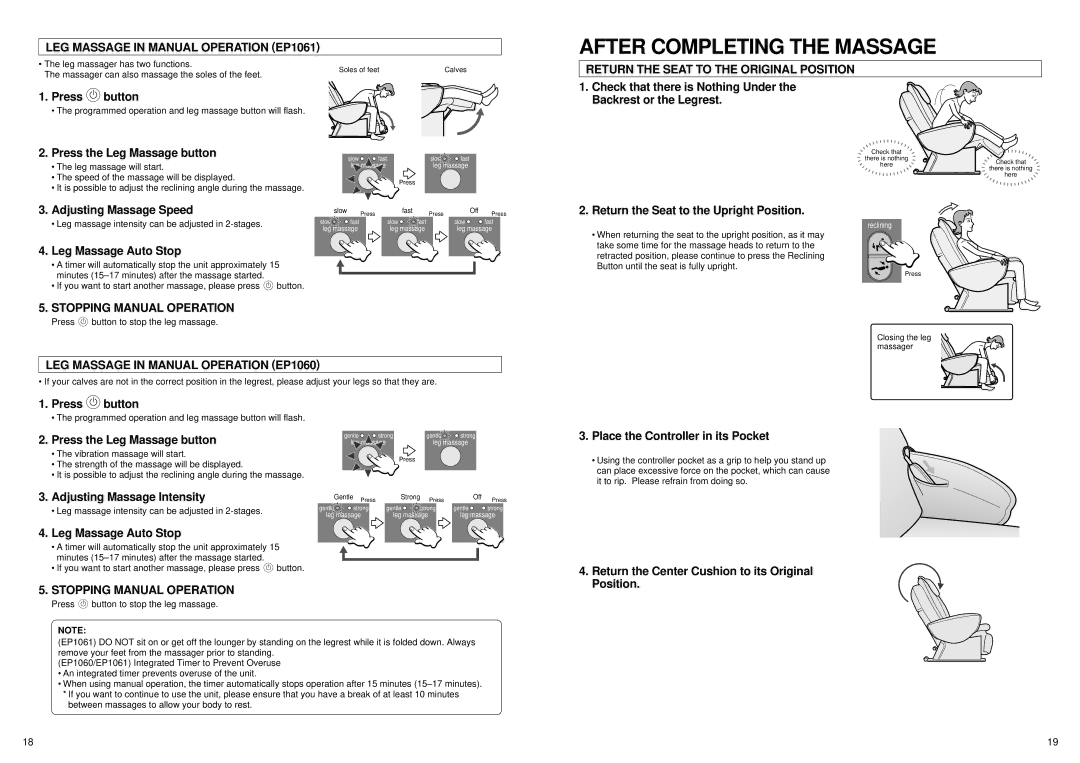 Panasonic manual After Completing the Massage, LEG Massage in Manual Operation EP1061, Stopping Manual Operation 