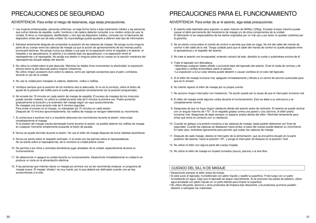 Panasonic EP1061 manual Precauciones DE Seguridad, Precauciones Para EL Funcionamiento, Cuidado DEL SILLóN DE Masaje 