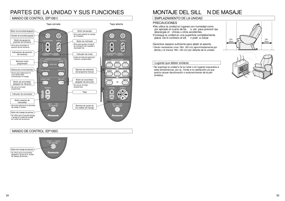 Panasonic manual Montaje DEL Silló N DE Masaje, Mando DE Control EP1061, Emplazamiento DE LA Unidad, Precauciones 