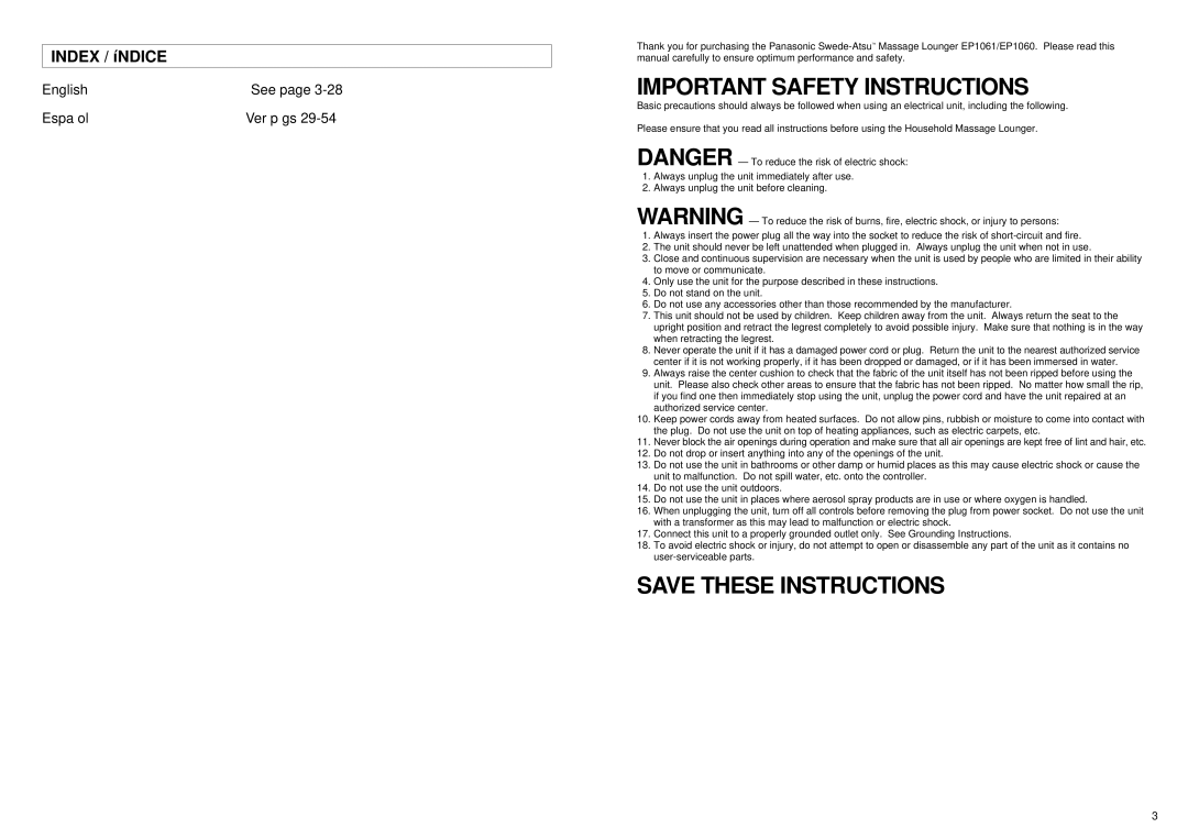 Panasonic EP1061 manual Important Safety Instructions, Index / íNDICE 