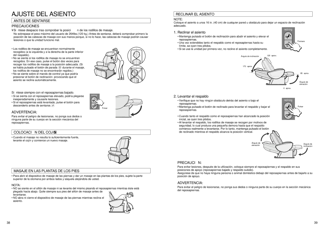 Panasonic EP1061 manual Ajuste DEL Asiento, Antes DE Sentarse Precauciones Reclinar EL Asiento, Advertencia 