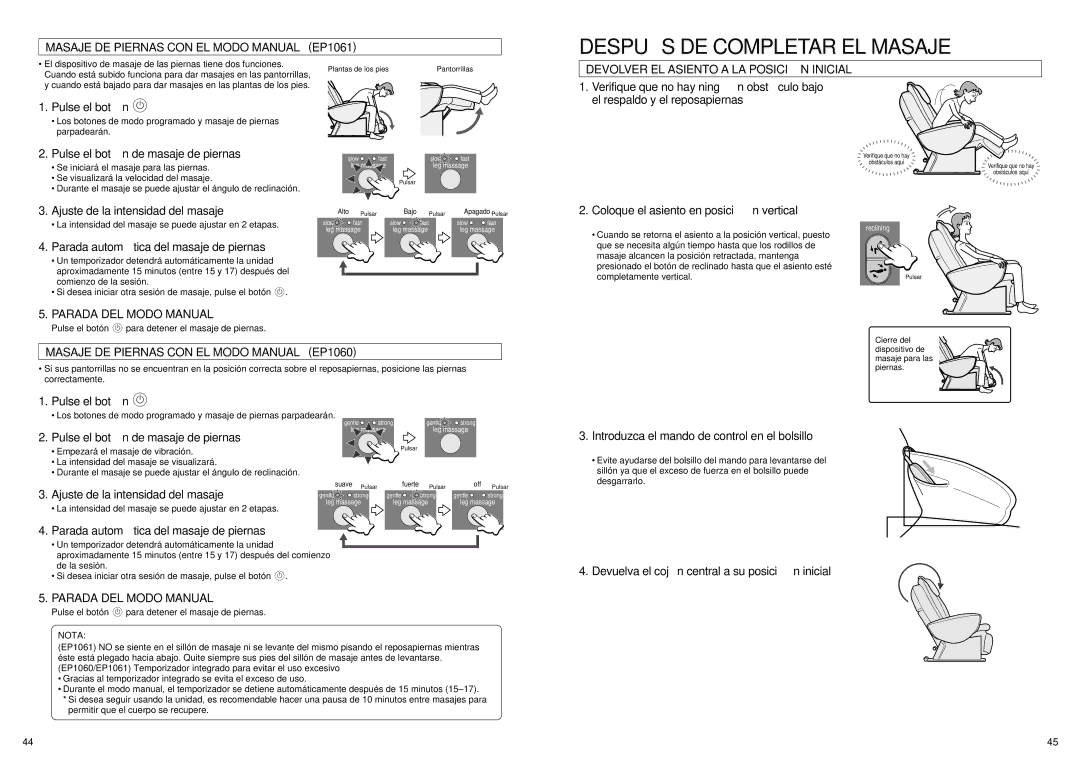 Panasonic manual Despué S DE Completar EL Masaje, Masaje DE Piernas CON EL Modo Manual EP1061, Parada DEL Modo Manual 