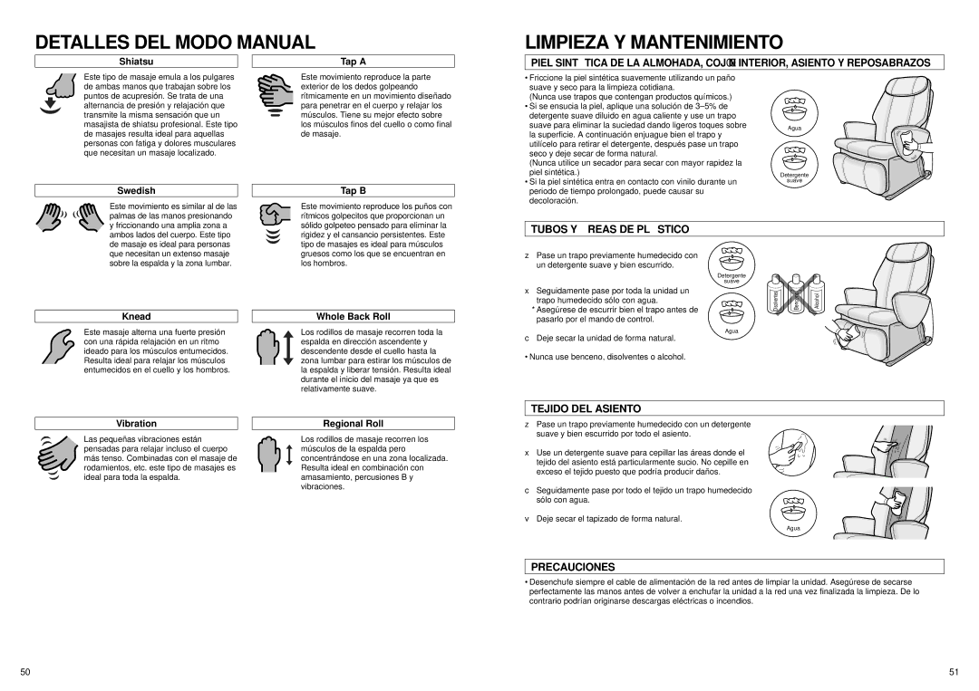 Panasonic EP1061 manual Detalles DEL Modo Manual, Limpieza Y Mantenimiento, Tubos Y Á Reas DE PLÁ Stico, Tejido DEL Asiento 