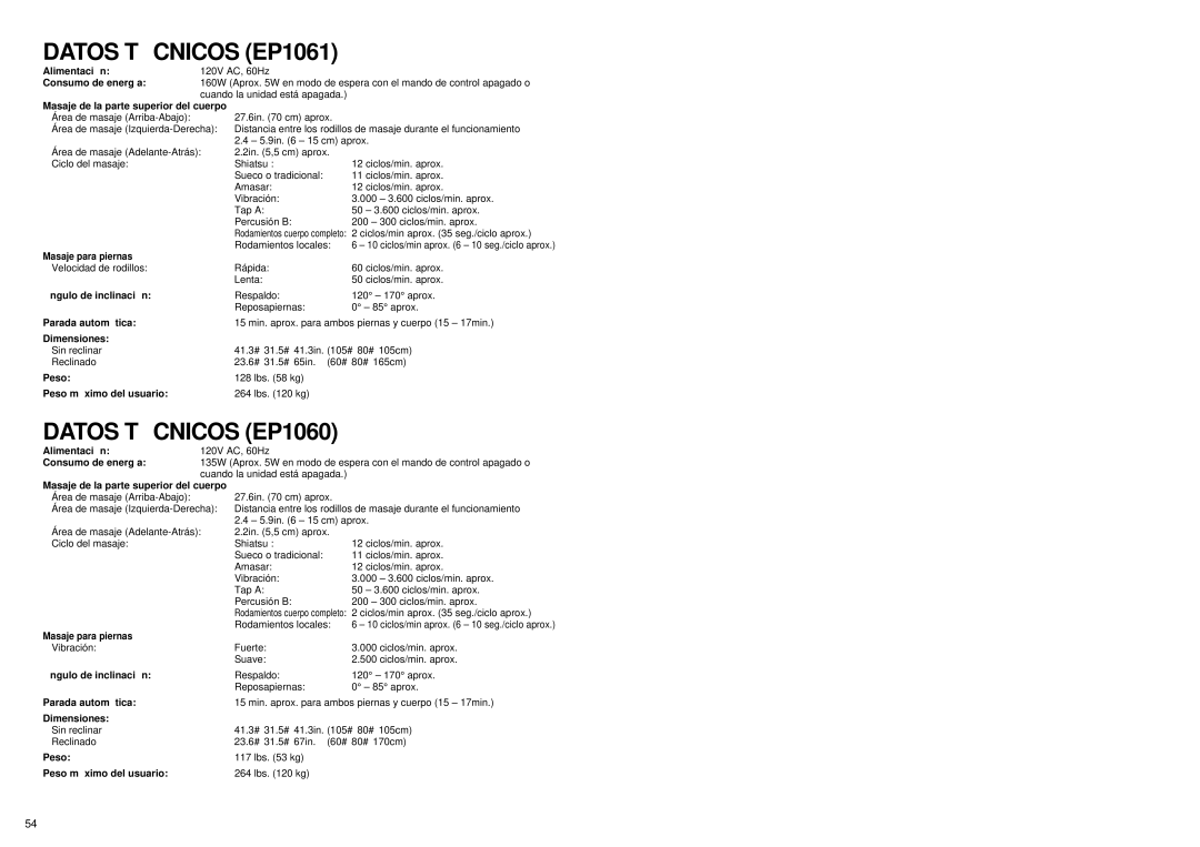 Panasonic manual Datos TÉ Cnicos EP1061, Datos TÉ Cnicos EP1060 