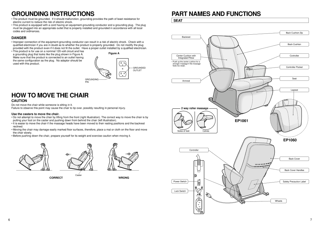 Panasonic EP1061 manual Grounding Instructions, HOW to Move the Chair, Part Names and Functions, Seat 