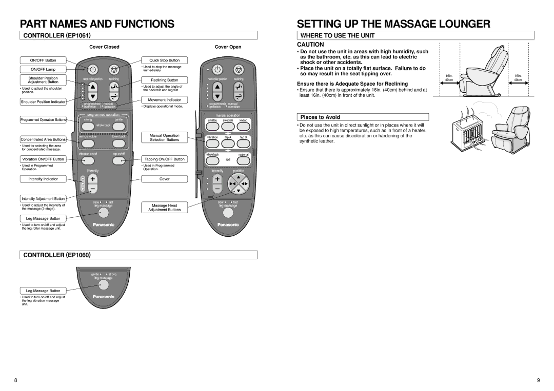 Panasonic manual Setting UP the Massage Lounger, Controller EP1061, Where to USE the Unit, Places to Avoid 