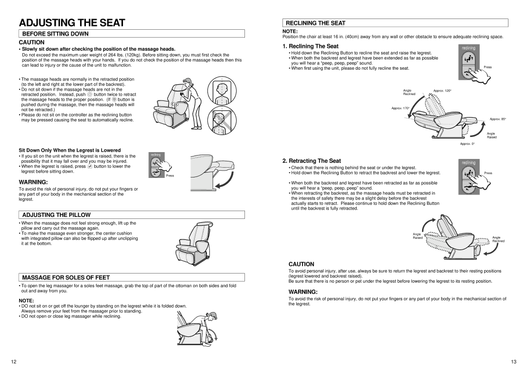 Panasonic EP1061 manual Adjusting the Seat, Before Sitting Down, Reclining the Seat, Adjusting the Pillow 