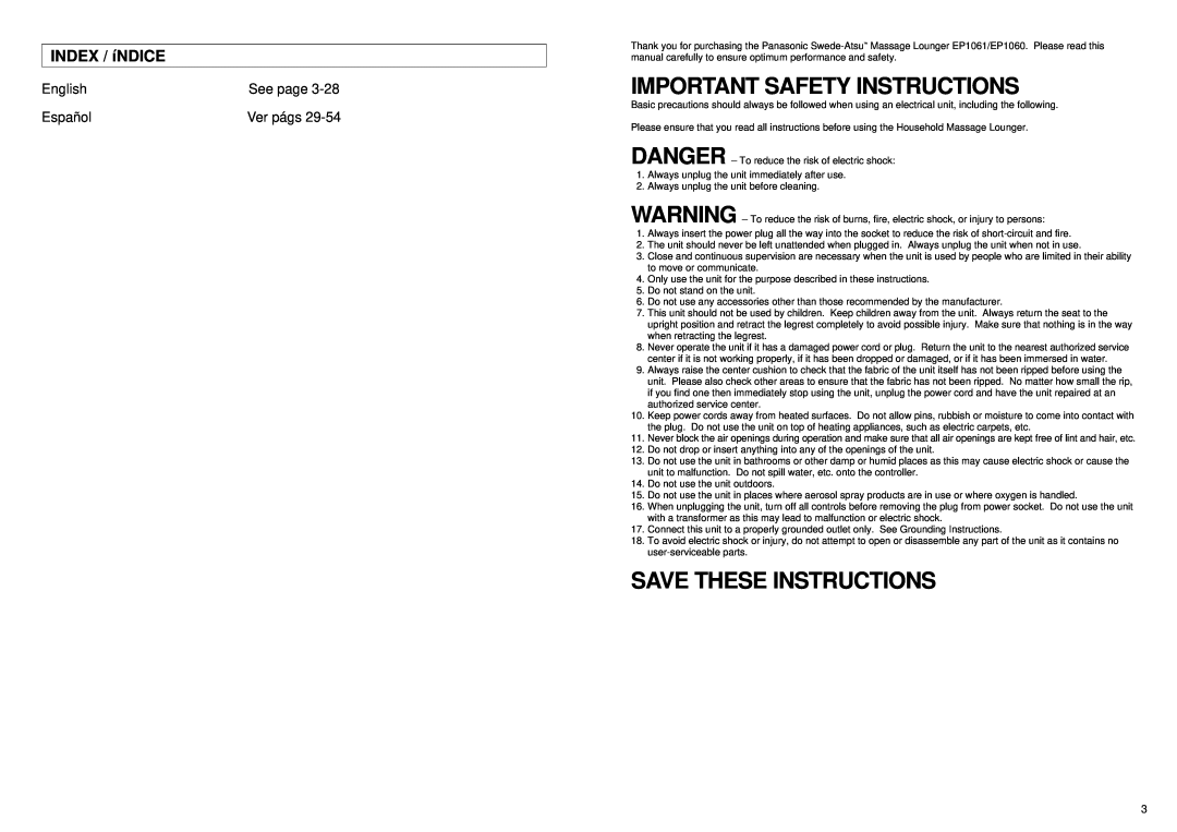 Panasonic EP1061 manual Important Safety Instructions, Save These Instructions, INDEX / íNDICE, English, Español, See page 