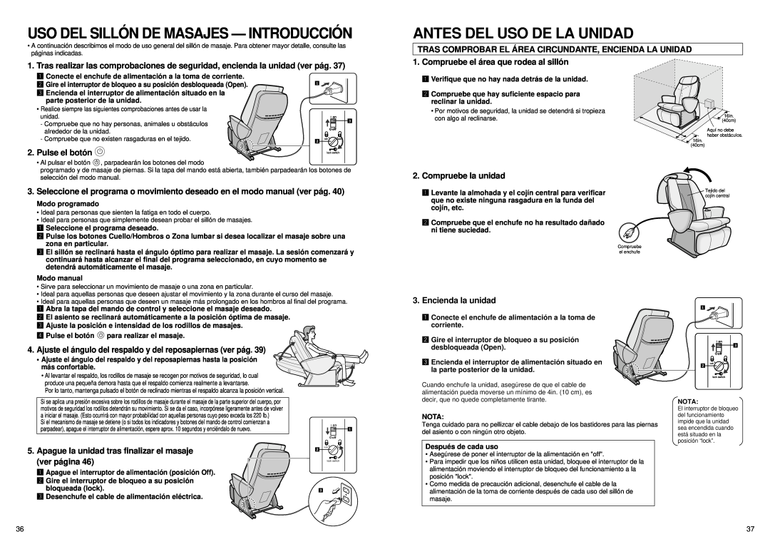 Panasonic EP1061 manual Antes Del Uso De La Unidad, Uso Del Silló N De Masajes - Introducció N 