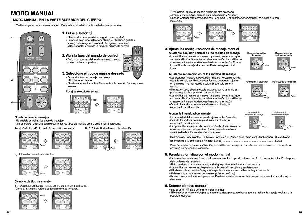 Panasonic EP1061 manual Modo Manual En La Parte Superior Del Cuerpo, Pulse el botó n, Abra la tapa del mando de control 