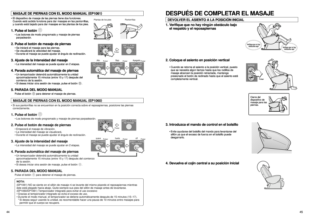 Panasonic EP1061 manual Despué S De Completar El Masaje, Ajuste de la intensidad del masaje 
