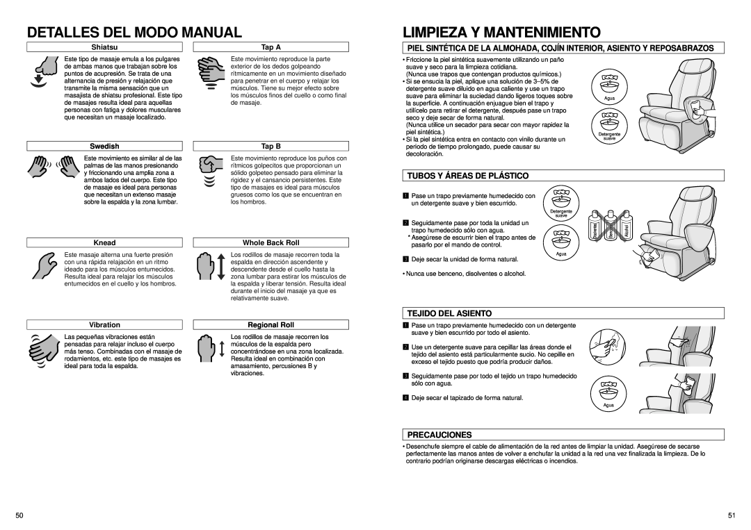 Panasonic EP1061 Detalles Del Modo Manual, Limpieza Y Mantenimiento, Shiatsu, Tap A, Swedish, Tap B, Knead, Vibration 