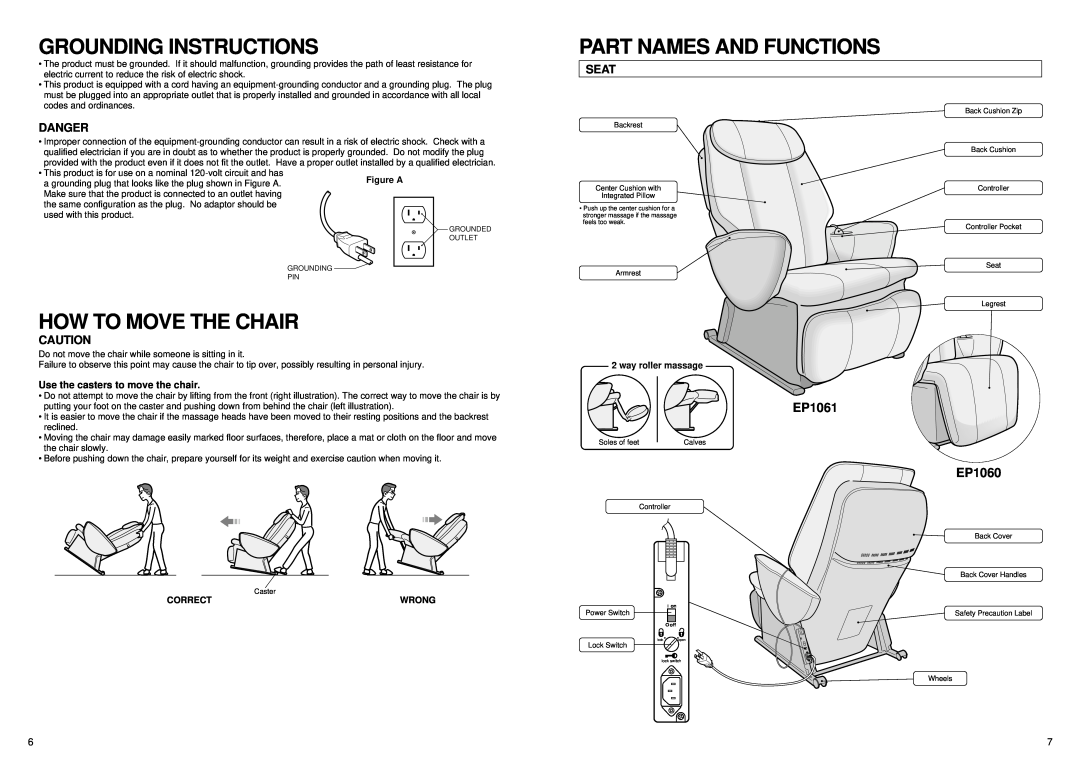 Panasonic EP1061 manual Grounding Instructions, How To Move The Chair, Part Names And Functions, EP1060 