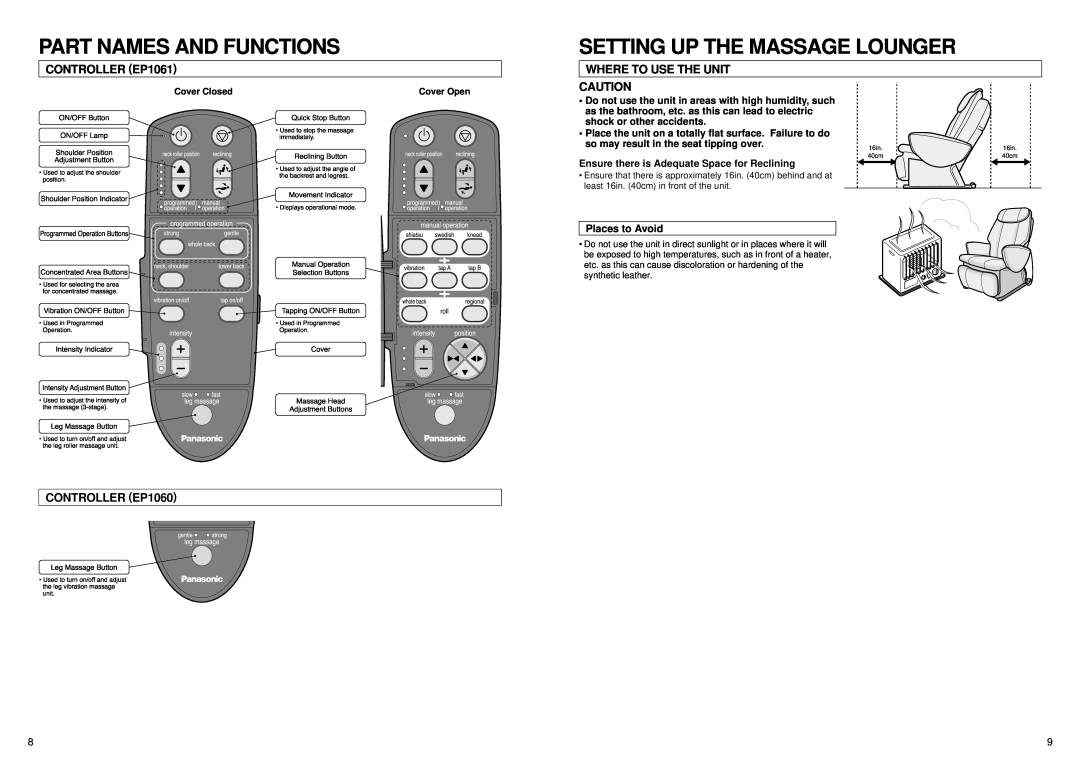 Panasonic EP1061 Setting Up The Massage Lounger, LegMassageButton, sowlegmassagefast, Part Names And Functions, manual 