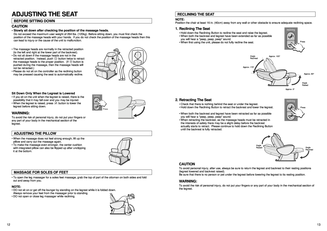 Panasonic EP1061 Adjusting The Seat, Before Sitting Down, Reclining The Seat, Retracting The Seat, Adjusting The Pillow 