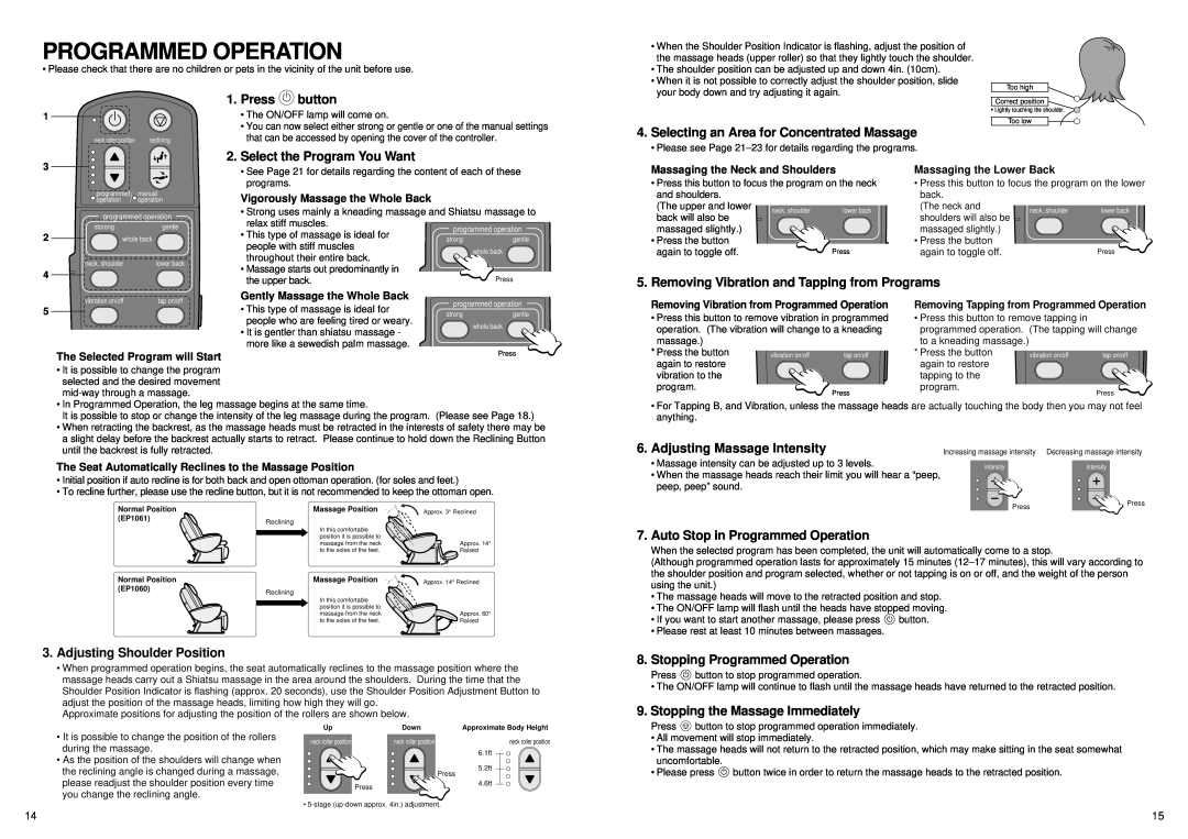 Panasonic EP1061 manual Programmed Operation, Vigorously Massage the Whole Back, Gently Massage the Whole Back 