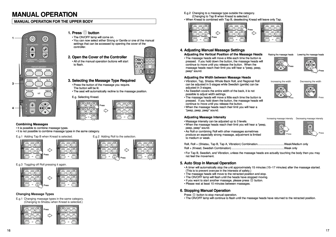Panasonic EP1061 manual Manual Operation, Adjusting the Width between Massage Heads, Adjusting Massage Intensity 