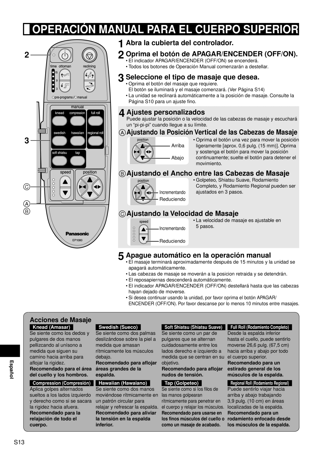Panasonic EP1080 Operación Manual Para El Cuerpo Superior,   , Abra la cubierta del controlador, Ajustes personalizados 