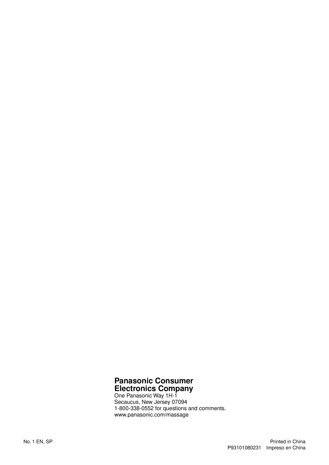 Panasonic EP1080 manual Panasonic Consumer Electronics Company, One Panasonic Way 1H-1Secaucus, New Jersey 