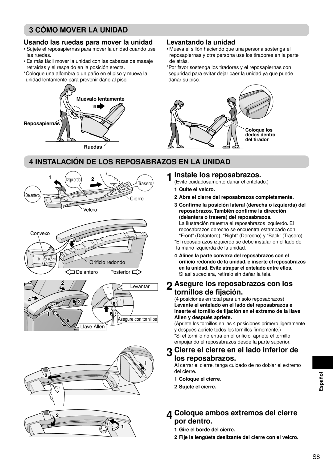 Panasonic EP1080 manual 3 CÓMO MOVER LA UNIDAD, Instalación De Los Reposabrazos En La Unidad, Instale los reposabrazos 