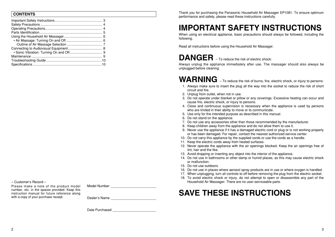 Panasonic EP1081 operating instructions Important Safety Instructions, Contents 