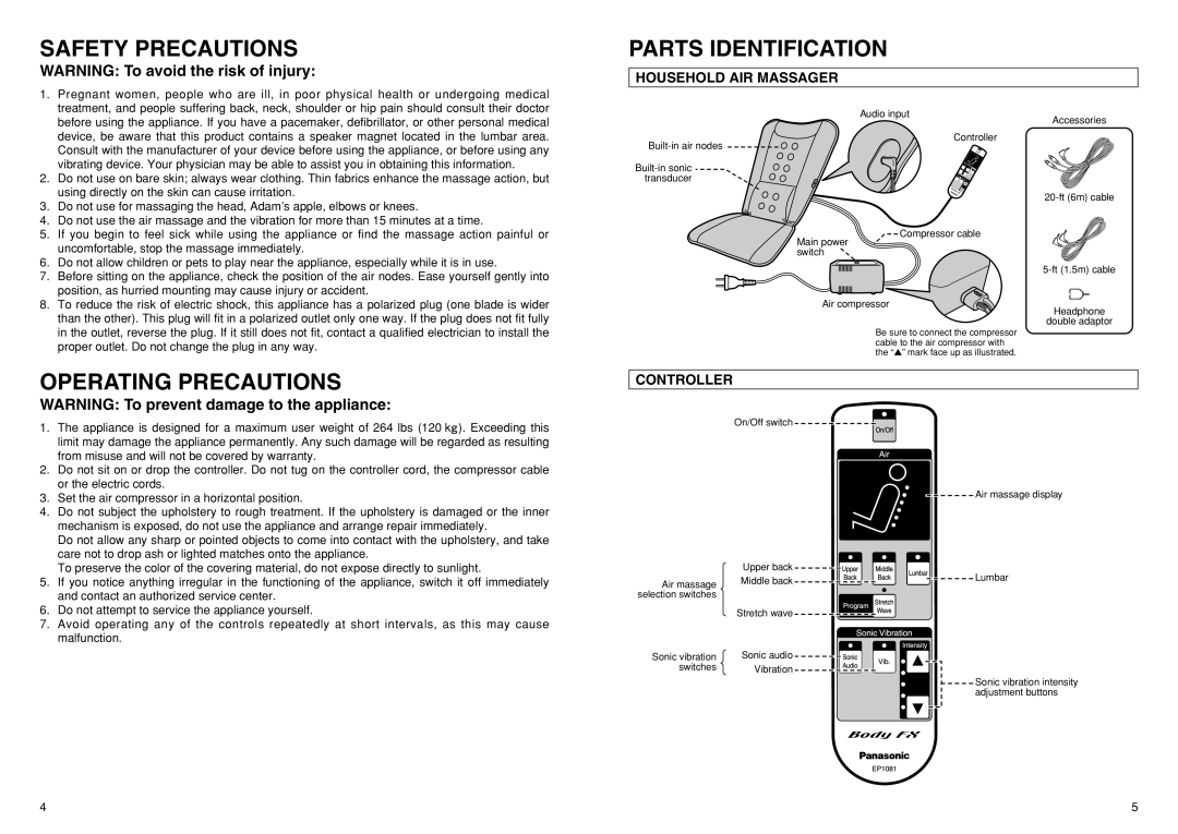 Panasonic EP1081 Safety Precautions, Operating Precautions Parts Identification, Household AIR Massager, Controller 