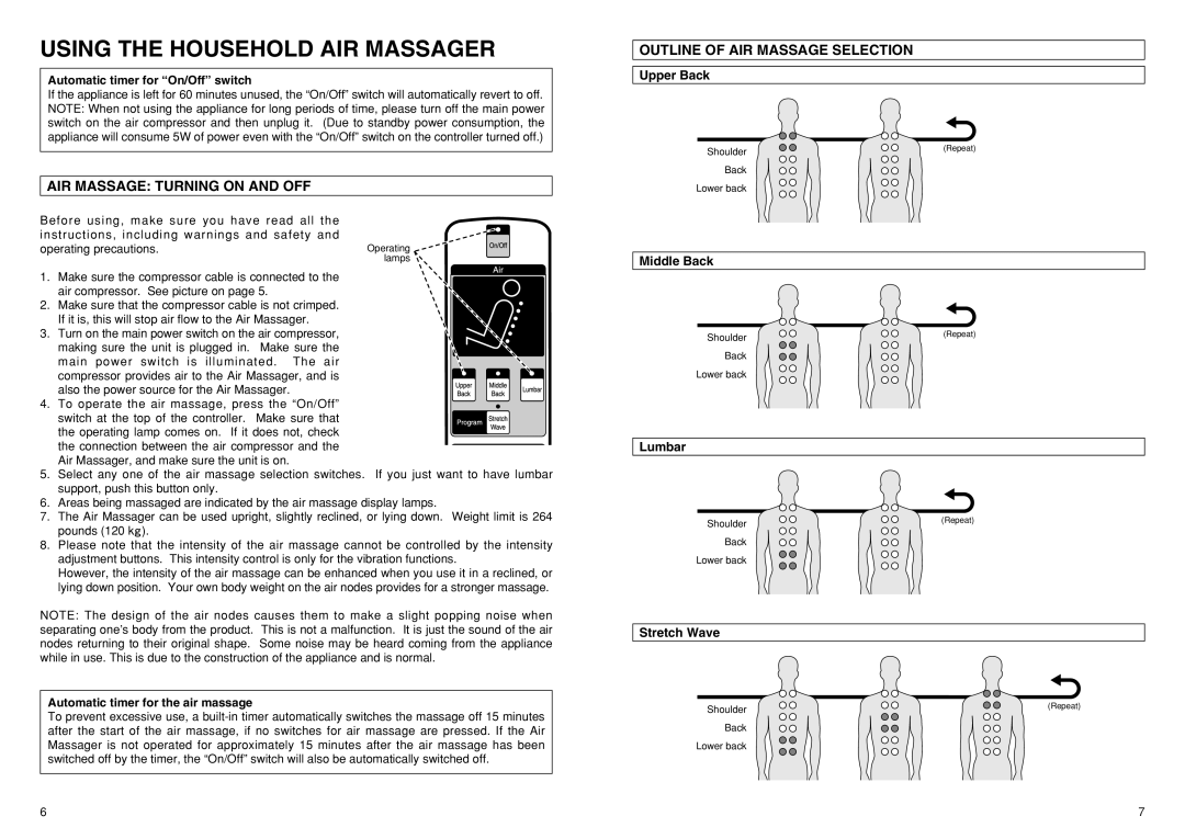 Panasonic EP1081 Using the Household AIR Massager, AIR Massage Turning on and OFF, Outline of AIR Massage Selection 