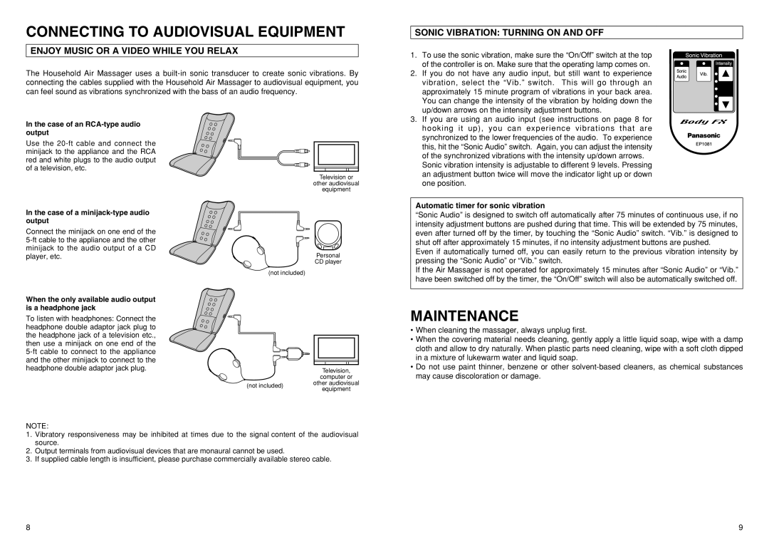 Panasonic EP1081 Connecting to Audiovisual Equipment, Maintenance, Enjoy Music or a Video While YOU Relax 