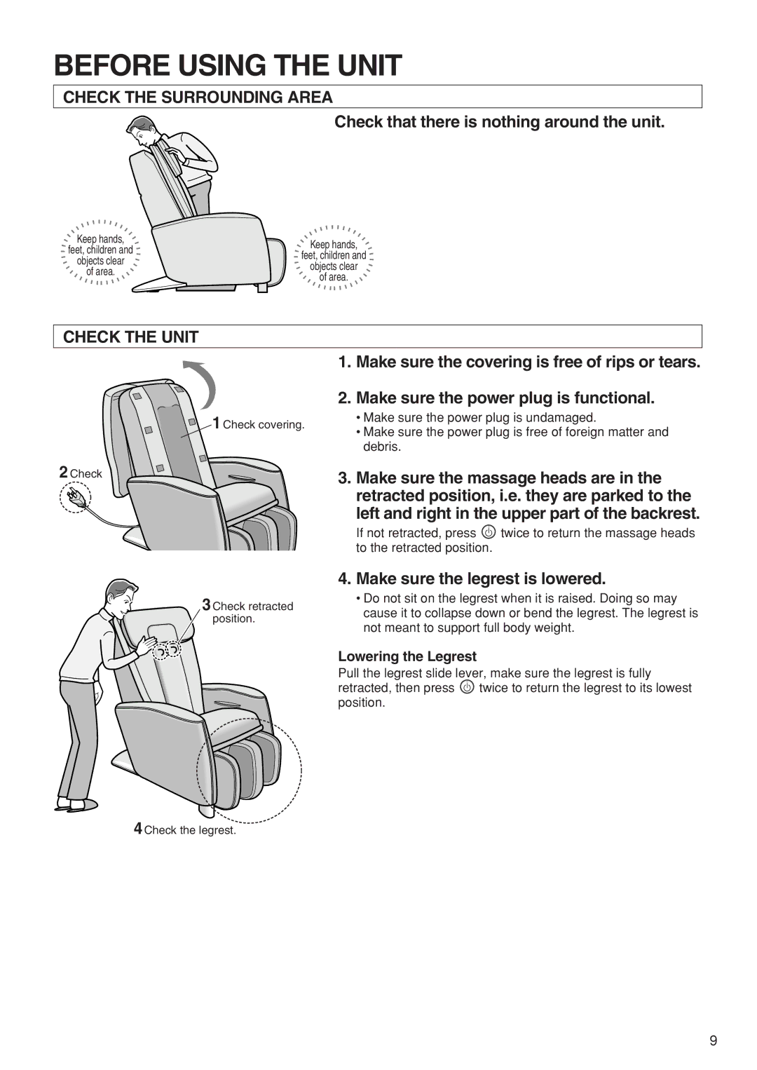 Panasonic EP1273 operating instructions Before Using the Unit, Check the Surrounding Area, Check the Unit 