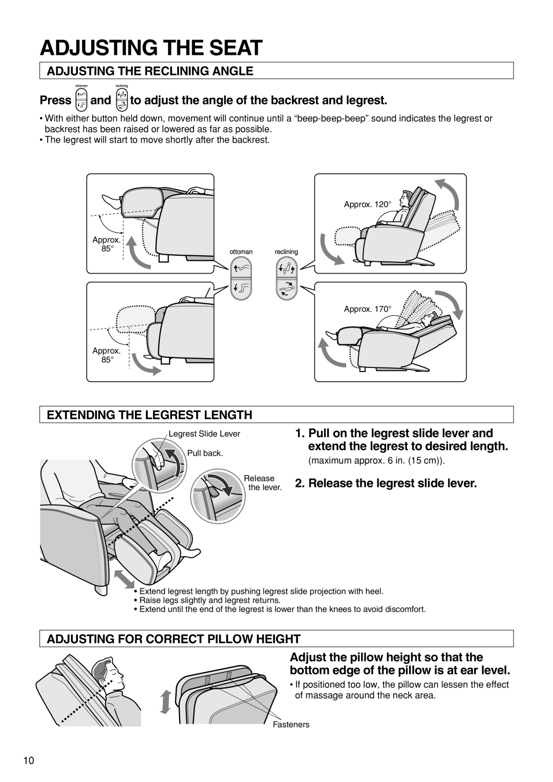 Panasonic EP1273 operating instructions Adjusting the Seat, Adjusting the Reclining Angle, Extending the Legrest Length 