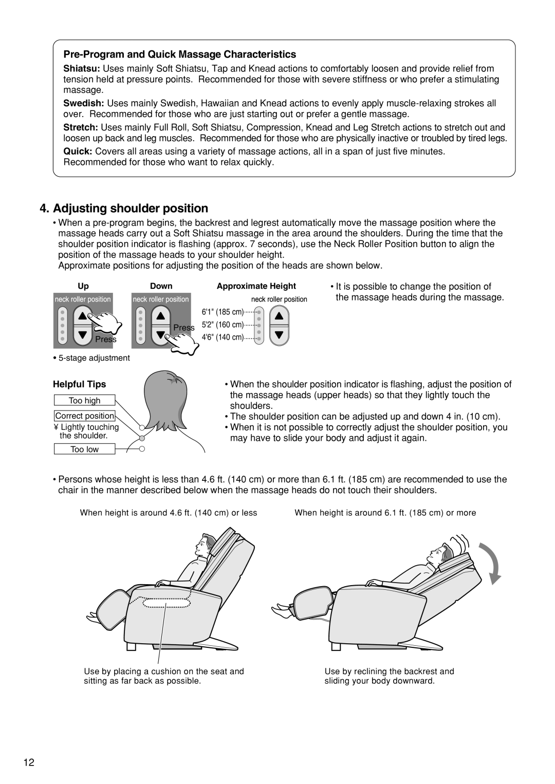 Panasonic EP1273 Adjusting shoulder position, Pre-Program and Quick Massage Characteristics, Helpful Tips 