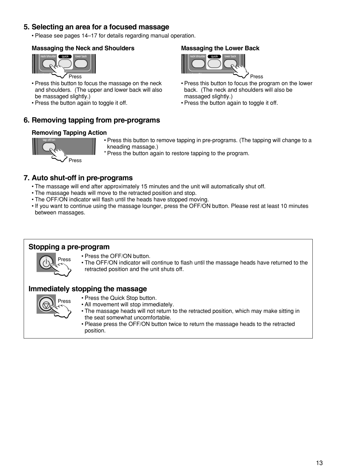 Panasonic EP1273 Selecting an area for a focused massage, Removing tapping from pre-programs, Stopping a pre-program 