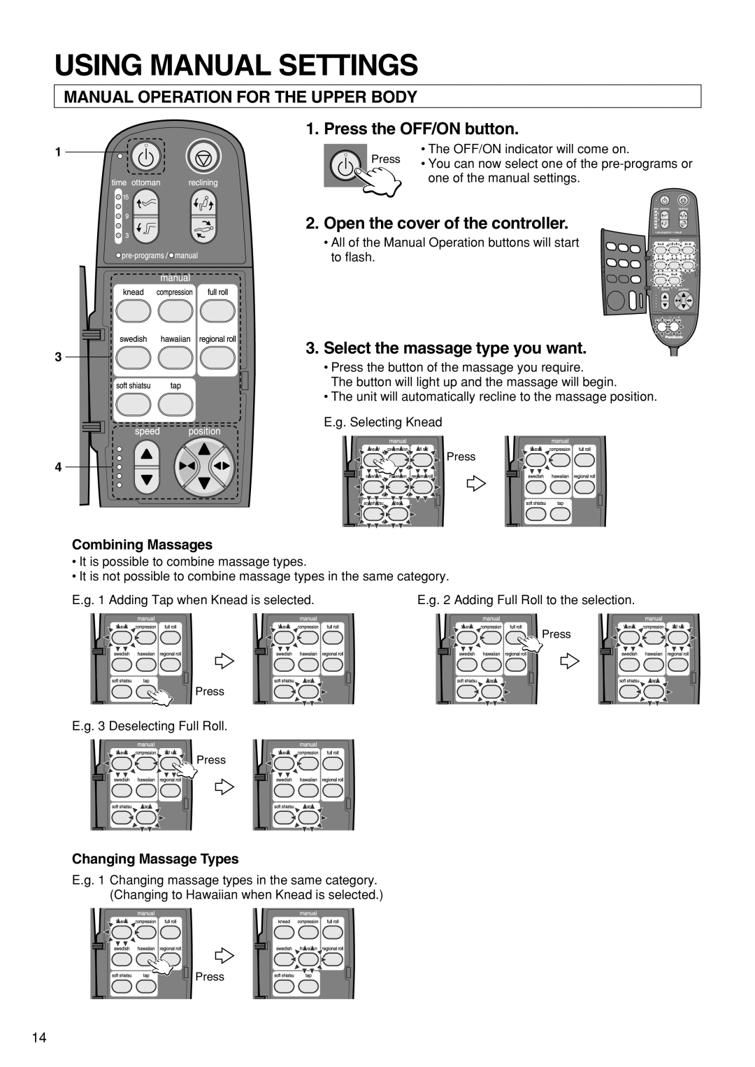 Panasonic EP1273 Using Manual Settings, Manual Operation for the Upper Body, Open the cover of the controller 