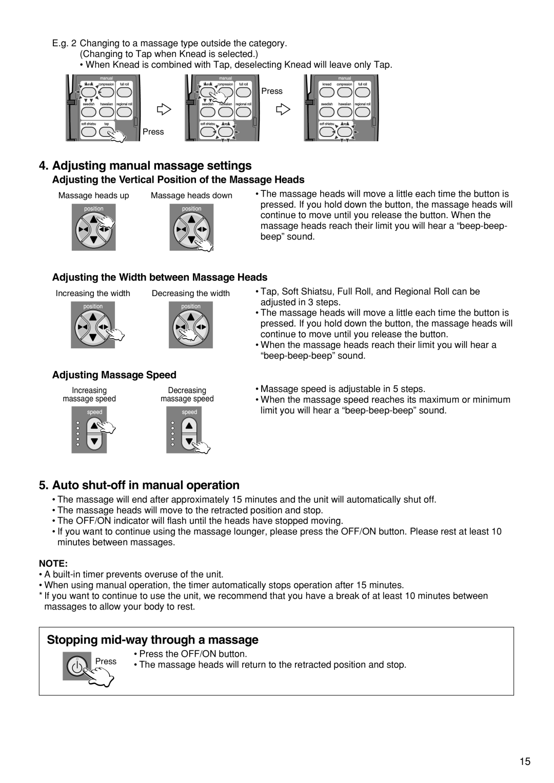 Panasonic EP1273 Adjusting manual massage settings, Auto shut-off in manual operation, Stopping mid-way through a massage 