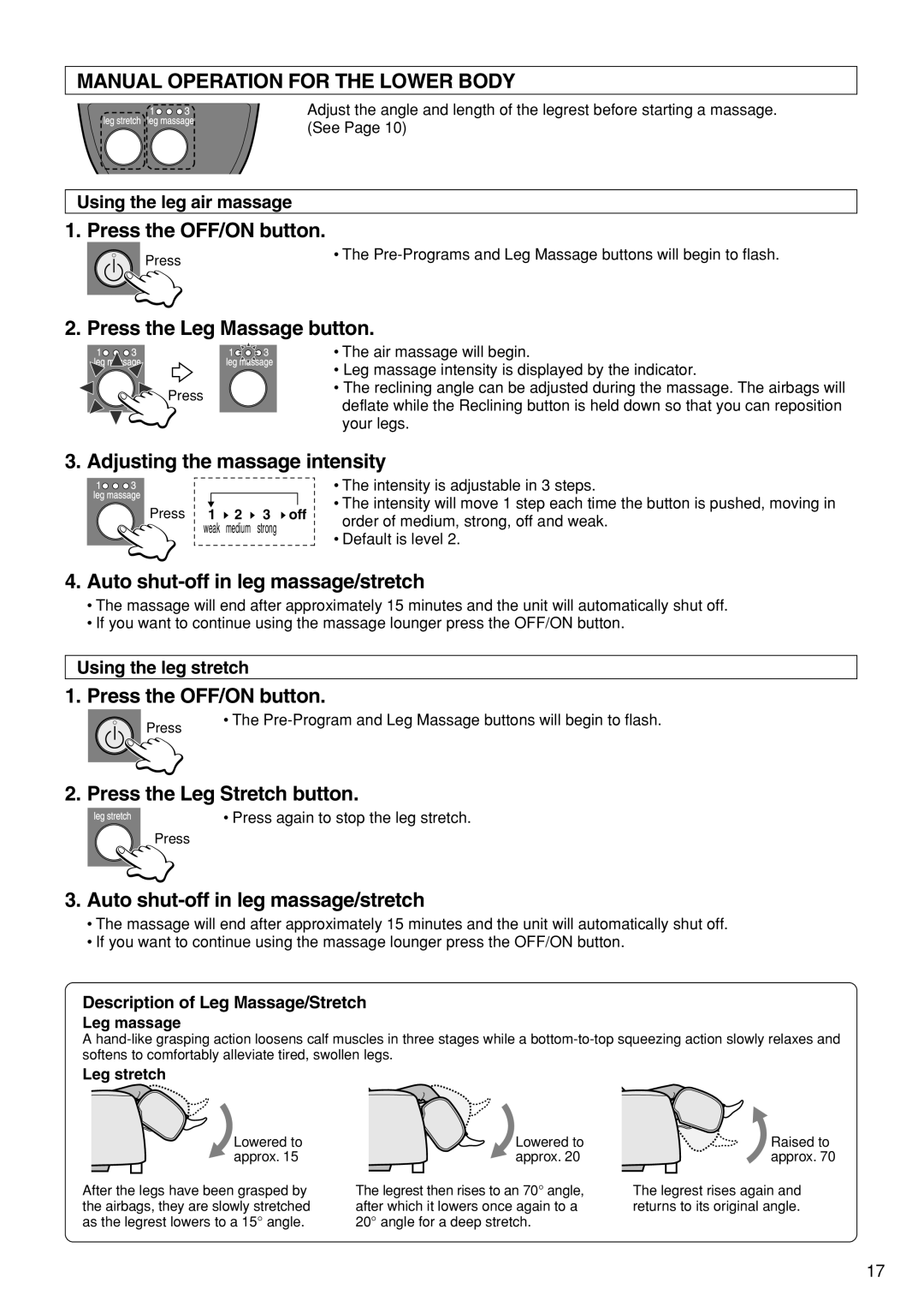 Panasonic EP1273 Manual Operation for the Lower Body, Press the Leg Massage button, Adjusting the massage intensity 