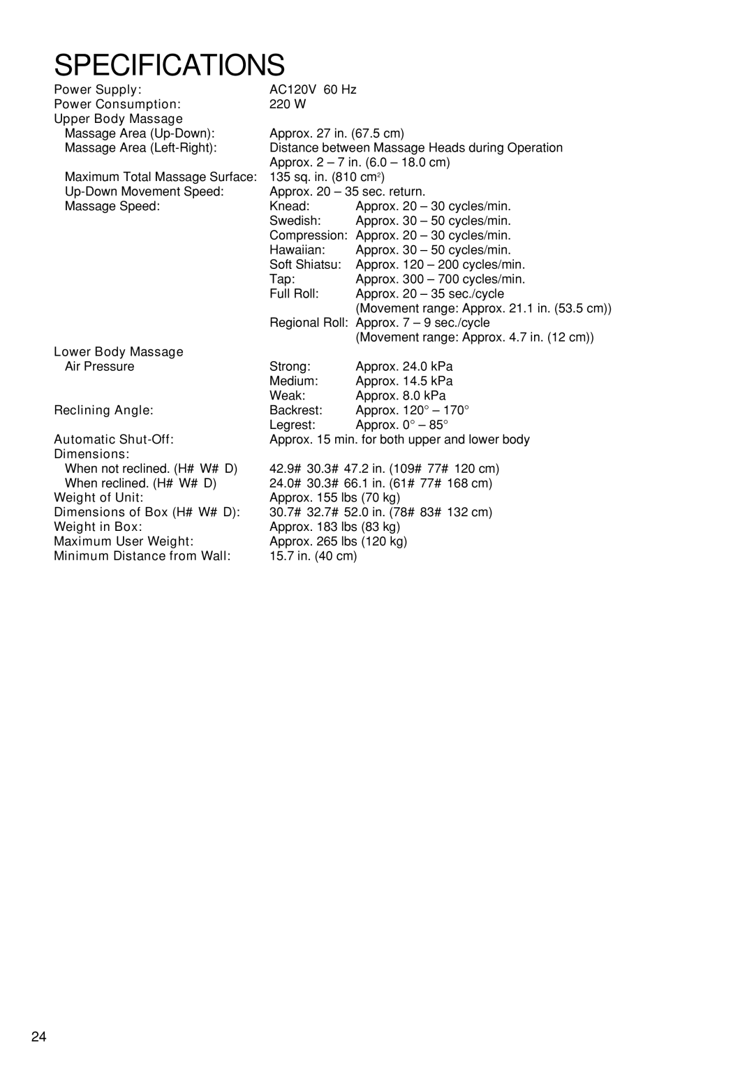 Panasonic EP1273 Specifications, Power Supply Power Consumption Upper Body Massage, Lower Body Massage 