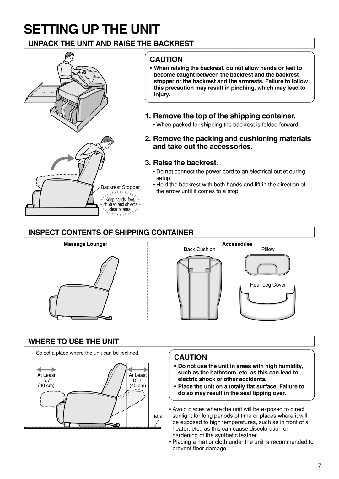 Panasonic EP1273 Setting UP the Unit, Unpack the Unit and Raise the Backrest, Remove the top of the shipping container 