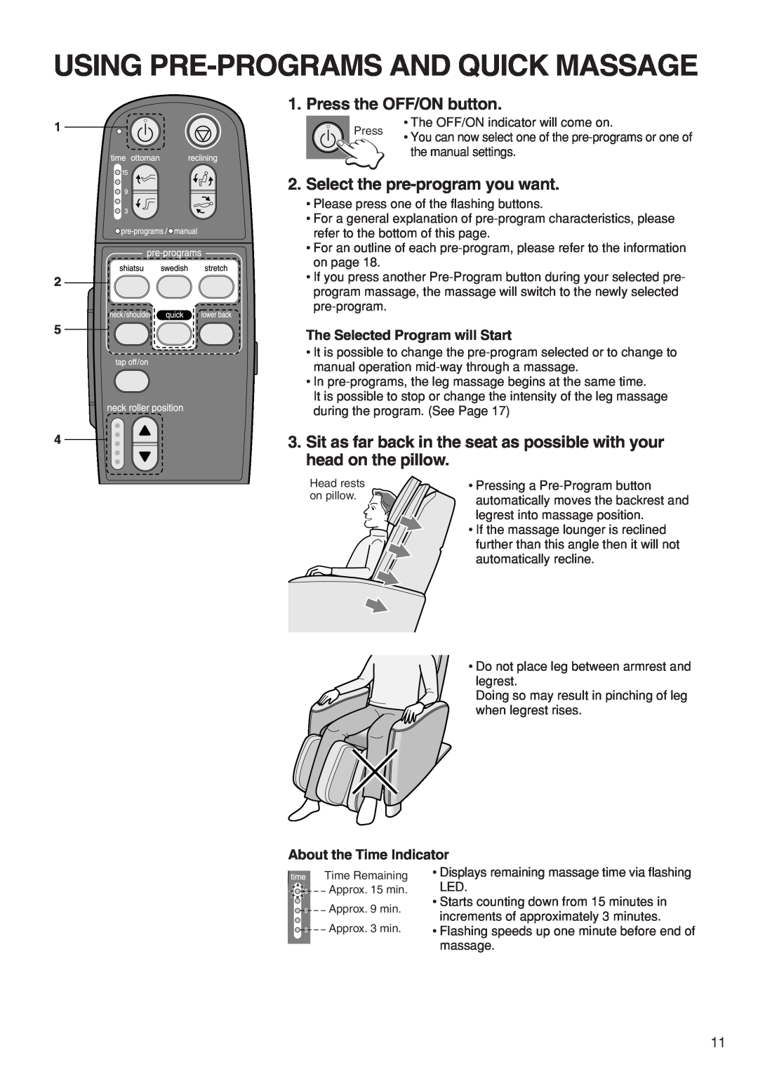 Panasonic EP1273 Using Pre-Programsand Quick Massage, Press the OFF/ON button, Select the pre-programyou want, 1 2 