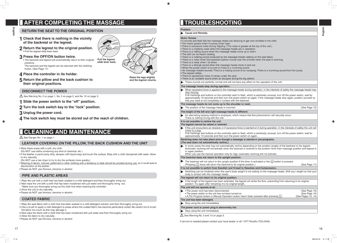 Panasonic EP1285 manual After Completing the Massage Troubleshooting, Cleaning and Maintenance 