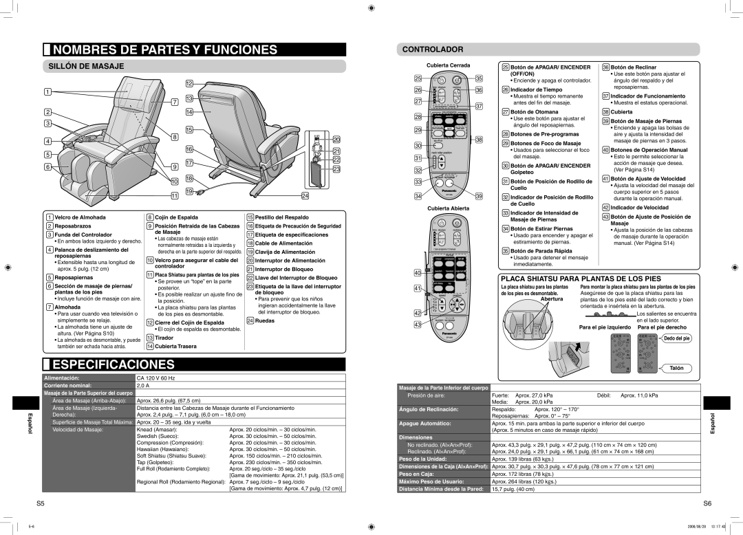 Panasonic EP1285 manual Nombres DE Partes Y Funciones, Especificaciones, Controlador Sillón DE Masaje 