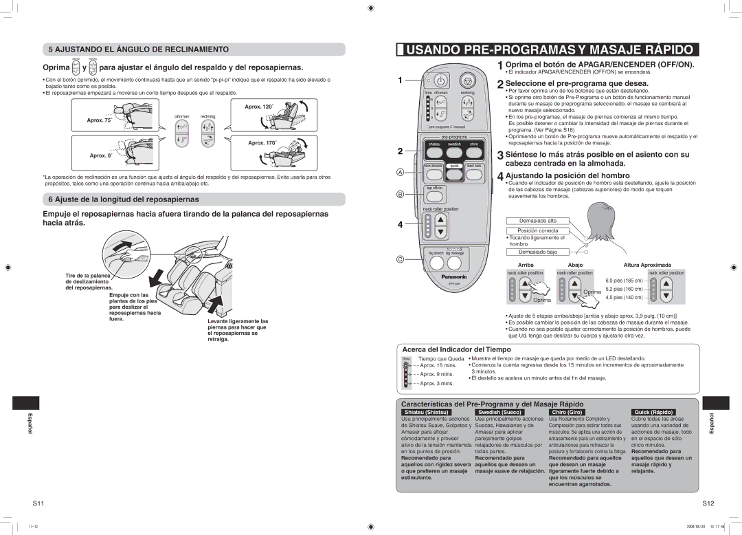 Panasonic EP1285 manual Usando PRE-PROGRAMAS Y Masaje Rápido, Ajustando EL Ángulo DE Reclinamiento 