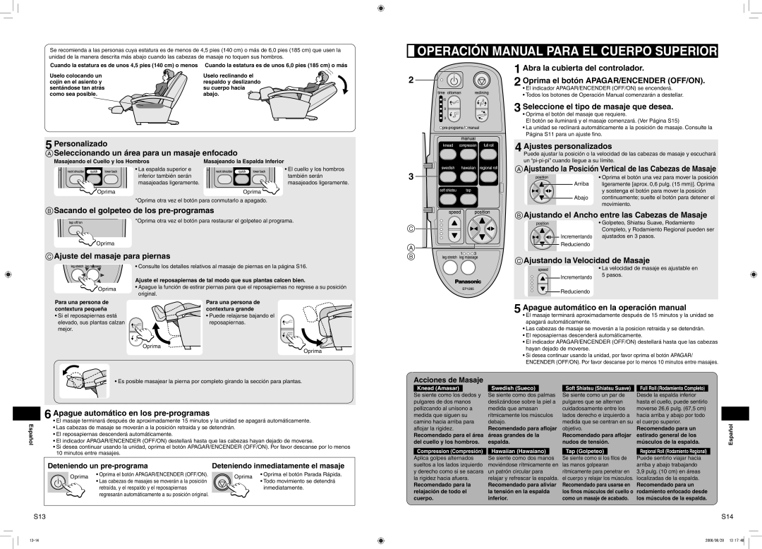 Panasonic EP1285 manual Operación Manual Para EL Cuerpo Superior 