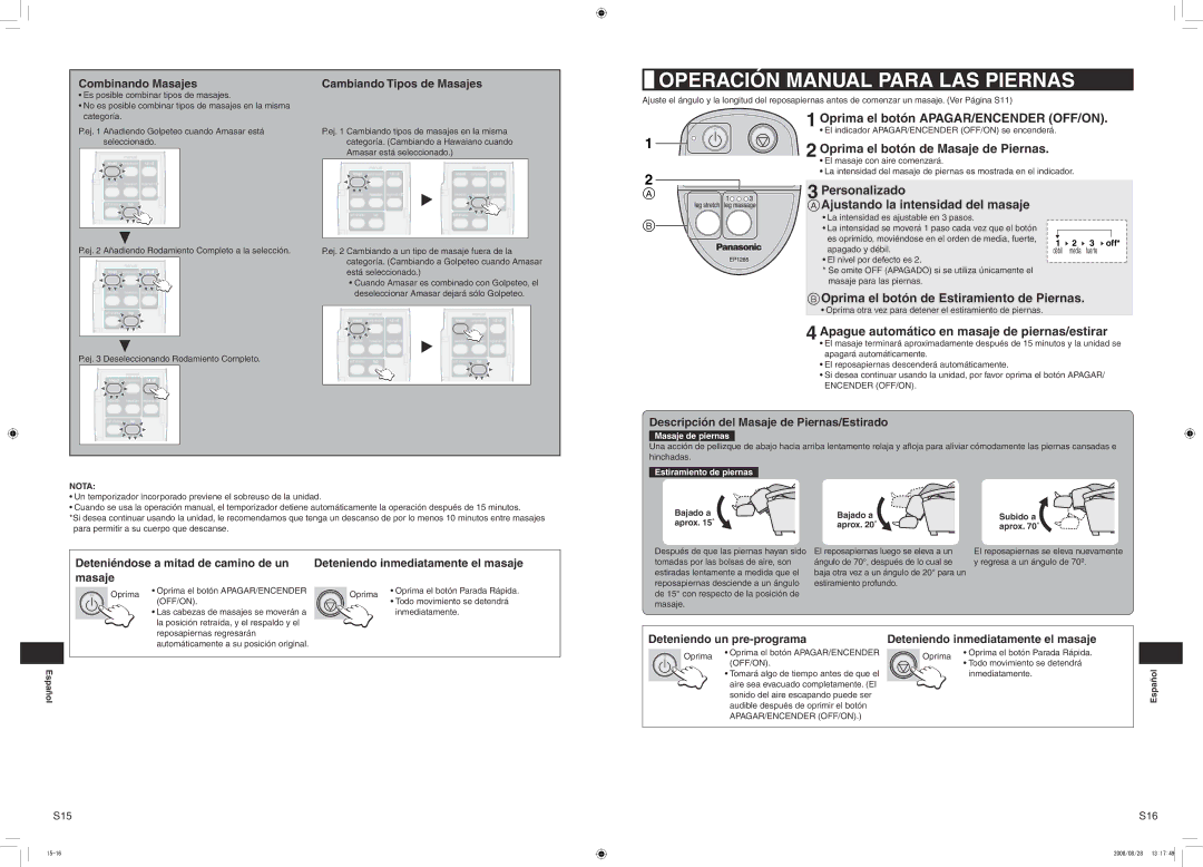 Panasonic EP1285 manual Operación Manual Para LAS Piernas, Oprima el botón de Masaje de Piernas 