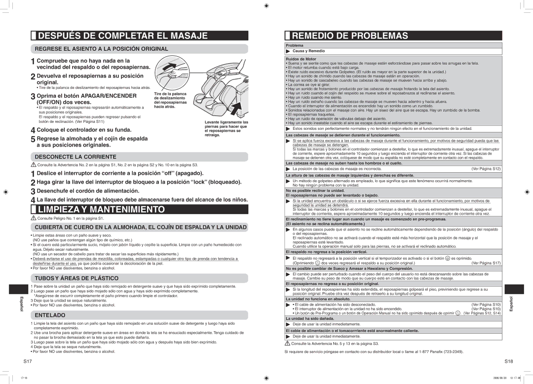 Panasonic EP1285 manual Después DE Completar EL Masaje, Remedio DE Problemas, Limpieza Y Mantenimiento 